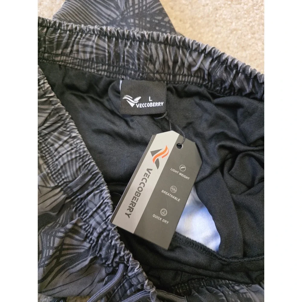 Veccoberry Mens Swim Trunks Grey Black Palm Leaf Print Drawstring Shorts Size M